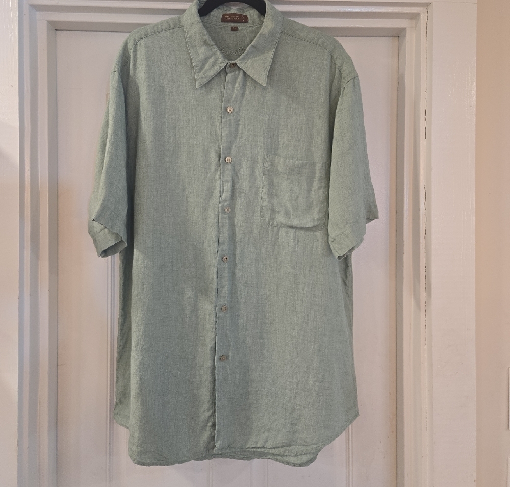 Tasso Elba 100% Linen Short Sleeve Button Down Mens Shirt Green Size XL